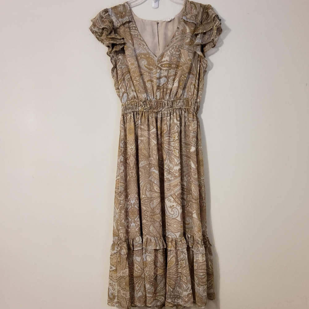 Elegant Paisley Dress in Tan and Cream With Ruffle Sleeves and Hem